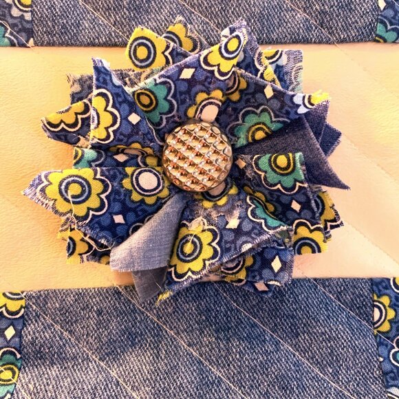 Handmade Denim and Cotton Quilted Purse with Zip Closure and Shabby Chic Flower - Picture 5 of 10